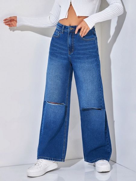 

petite ripped detail wide leg jeans 35d8#, Blue