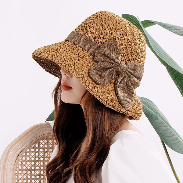 

Raffia Women's Cap Beach Hat Summer Panama Straw Bags 2021straw Or Wicker Bucket Sun Hats Bow Visor Wide Brim, Blue;gray