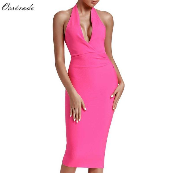 Ocstrade Summer Women Sexy Midi Bandage Dress Bodycon Drappeggiato Neon Pink Rayon Halter Party Night Club 210527