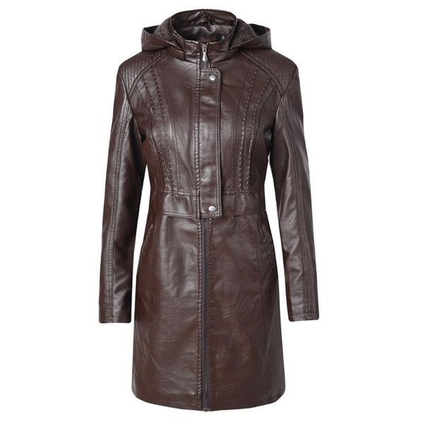 

women's leather & faux jaycosin winter women pu jacket suit office hoodie zipper female elegant turn down collar long coat 1127, Black