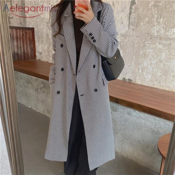 

women's trench coats aelegantmis vintage houndstooth oversized long coat office lady elegant windbreaker female double breasted loose c, Tan;black