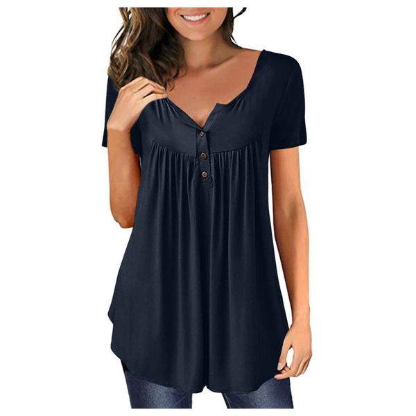 

women's t-shirt womens solid color button pleated tunic summer casual short sleeve loose t shirts o neck female dames shirt #y, White