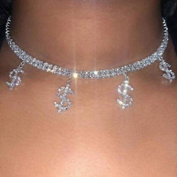 

chains punk crystal dollar sign metal double layer tennis choker necklace for women rhinestone butterfly chain chokers jewelry 2021, Silver
