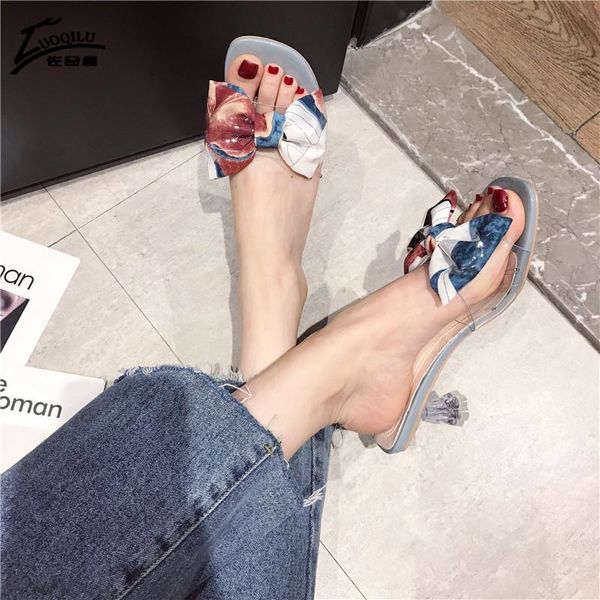 

luxury bow summer shoes woman high heels slippers transparent peep toe mules lady pumps slides 2021, Black