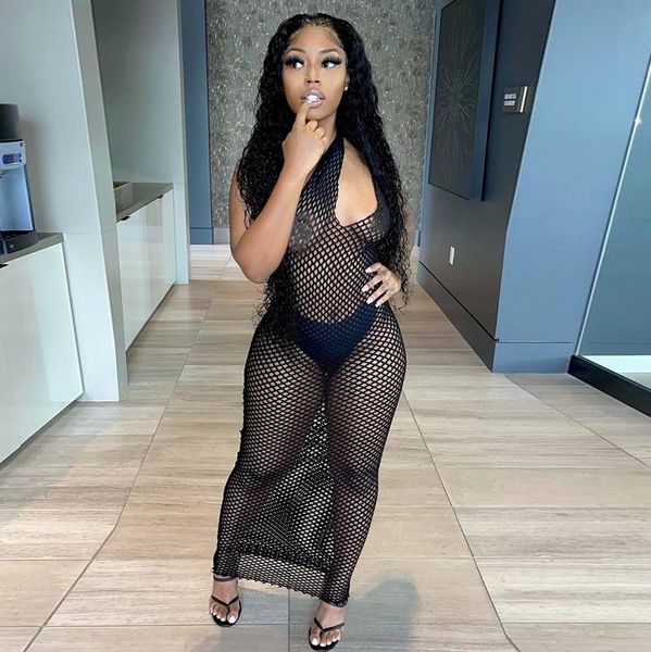 

casual dresses women 2021 summer solid color one-shoulder openwork backless mesh perspective see through long dress nightclub party, Black;gray