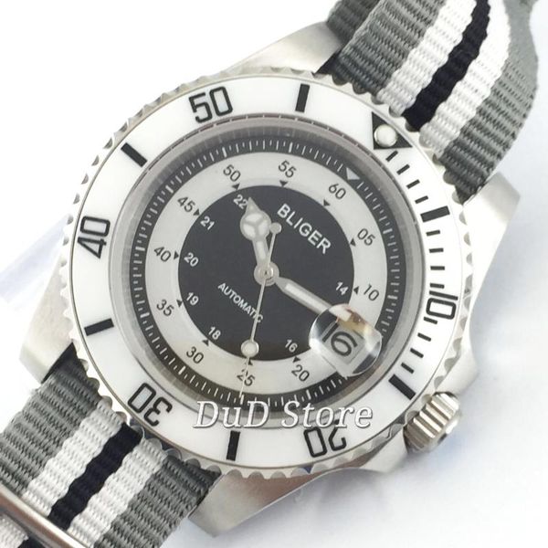 

wristwatches 40mm white ceramic bezel black dial nylon strap sapphire glass automatic men watch, Slivery;brown