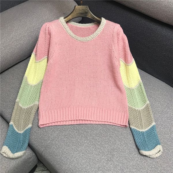 

women's sweaters early spring retro nude pink stitching round neck pullover sweater women 9ong, White;black
