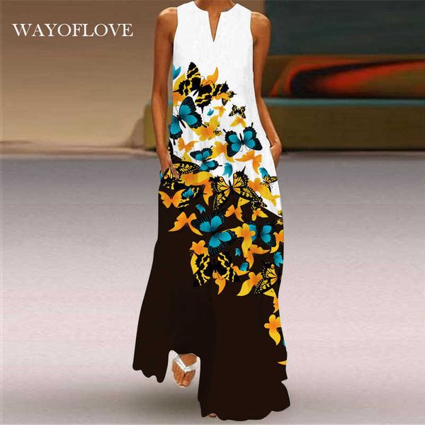 

wayoflove fashion butterfly printed dress beach casual plus size long dresses summer woman sleeveless girl maxi dress women 210602, Black;gray