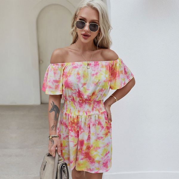 

summer slash neck tie-dye print short dress women new high wasit slim off shoulder dresses for women casual 210413, Black;gray