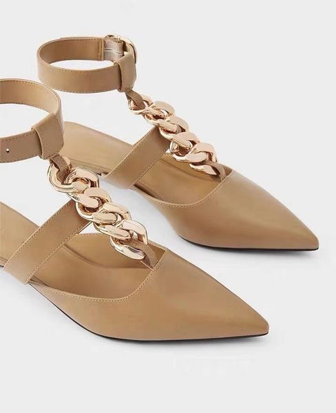 

summer fashion closed toe women's sandals mid heel metal chain decoration pointed for female, Black