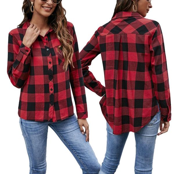 

women's blouses & shirts 2021 spring fall women fashion plaid blouse ladies casual single-breasted long sleeve lapel shirt clothing for, White