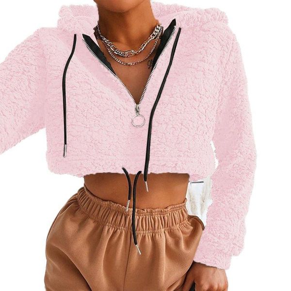 

women's wool & blends ins woolen coat women warm outwear plush pink short jacket winter loose cardigan trench solid female, Black