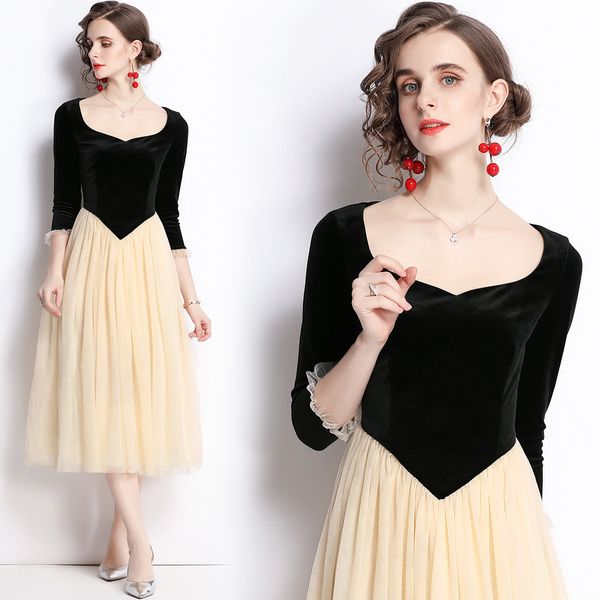 

dress women's banquet temperament can wear veet mesh splicing light luxury celebrity super fairy dress in autumn, Black;gray