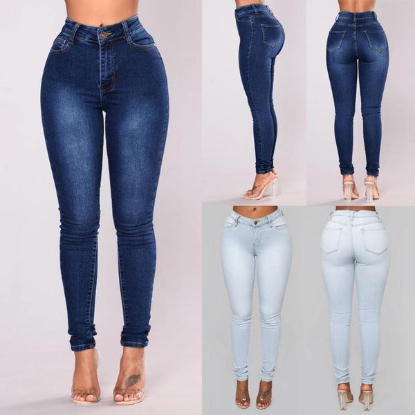 

women's jeans brand plus size pants ladies loose straight high waisted stretch female slim casual pencil, Blue