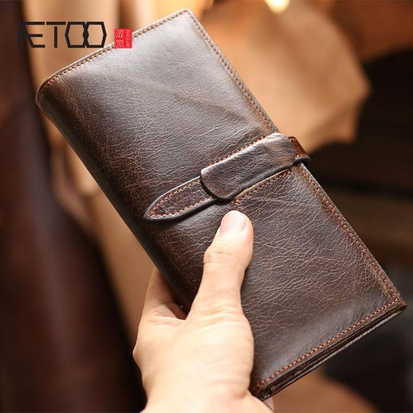

wallets aetoo leather wallet, men's long folding handmade retro multi-function small hand bag, Red;black