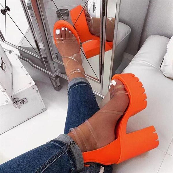 

summer orange pvc jelly sandals open toe thick high heels women shoes platform transparent for plus size 37-41, Black