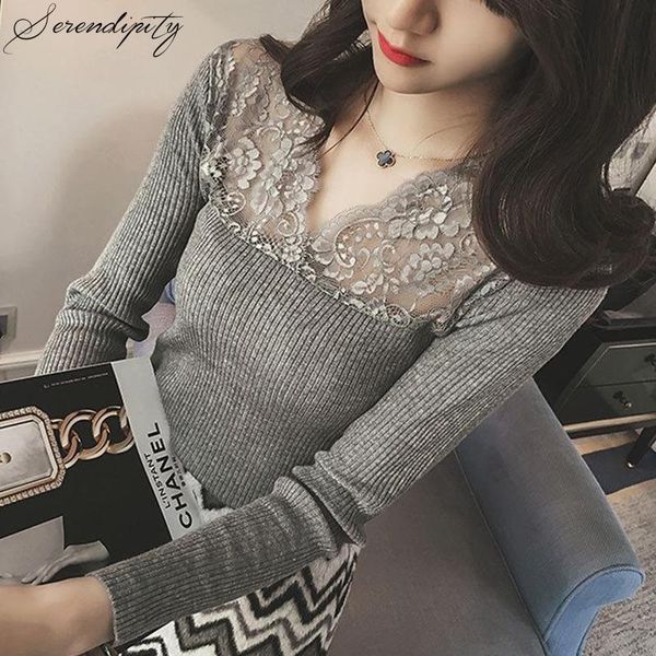 

women's sweaters srdp floral lace grey knit pullover women winter autumn v neck sweater slim sweet cotton long sleeve black shirt, White;black