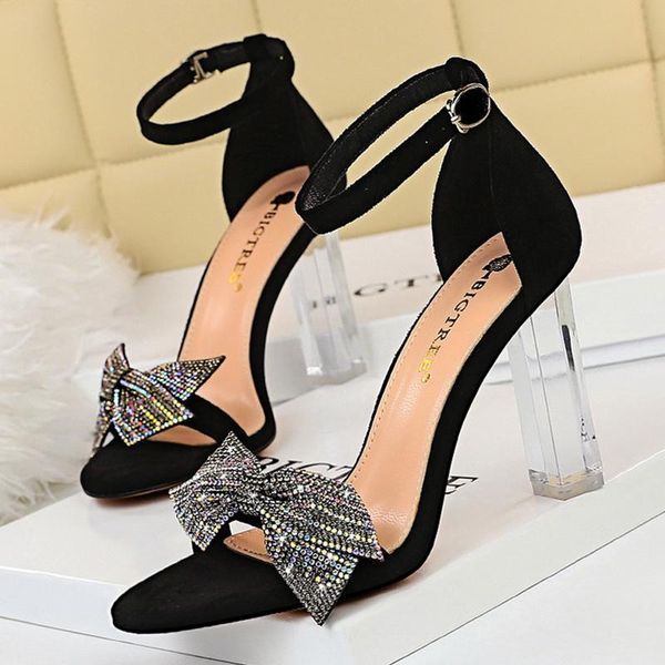 

dress shoes rhinestone bow women sandals 2021 summer open toe sandles high heels suede block ladies plus size 43, Black