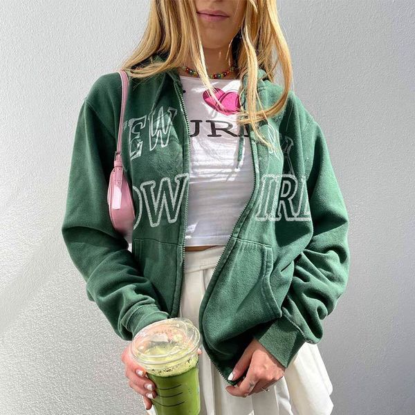 

women's hoodies & sweatshirts carta verde impressÃ£o zÃ­per feminino camisola com capuz vintage solto casual jaqueta uniforme de beisebol, Black