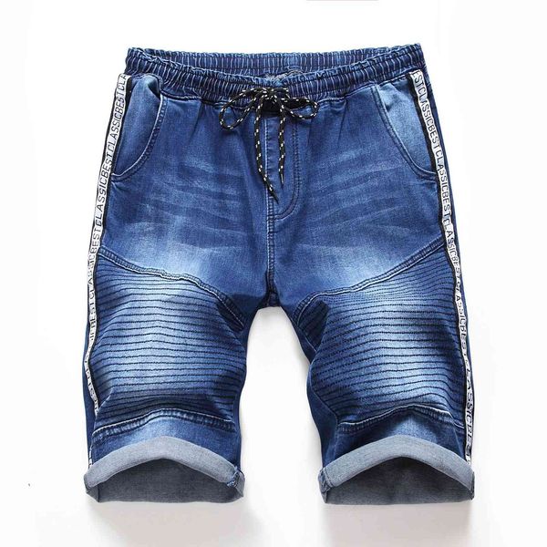 

2 styles shorts summer denim pocket design side stripes elastic mens jeans fashion high street casual, Blue