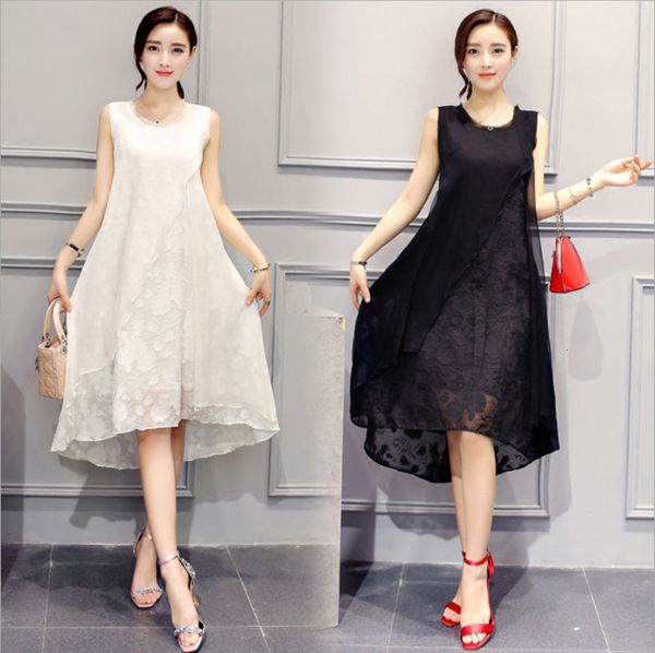 

dresses 2021 summer new large size loose embroidery jacquard silk medium length dress sleeveless vest a-line skirt, Black;gray