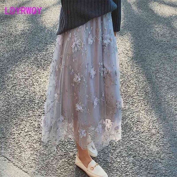 

ldyrwqy summer korean edition embroidered tie-in gauze slimming temperament fashion skirt polyester office lady 210416, Black