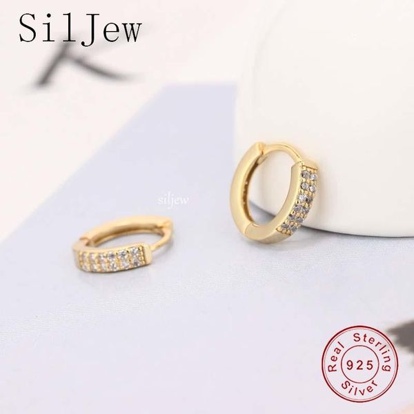 

hoop & huggie fashion genuine 925 sterling silver round white zircon ear buckle for women simple rock earrings fine jewelry gift, Golden;silver
