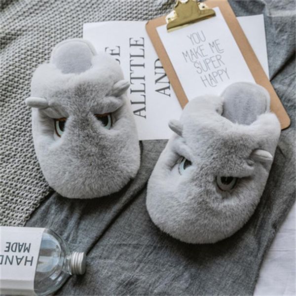 

slippers cartoon kawaii animal women's couple slip-on furry flat home cotton warm flip flops winter keep shoes, Black
