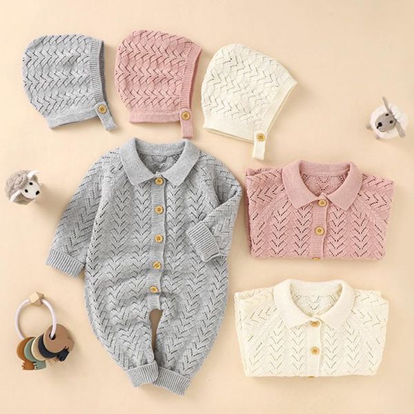 

jumpsuits autumn infant kids baby clothes rompers boy girl long sleeve knit jumpsuit + hat born pure color, Blue