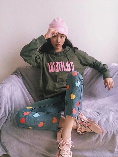 

2021 fashion heart shape printing irregular vintage button straight jeans denim trousers women girl female 9y4c, Blue
