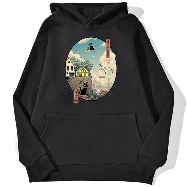 

women's hoodies & sweatshirts ukiyoe kiki delivery service print hoodie female street hip hop hoody casual sport loose women, Black