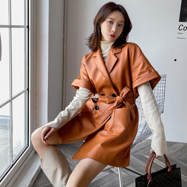 

women's leather & faux gl21104 2021 autum short sleeve genuine sheepskin coat women double breasted with belt, Black