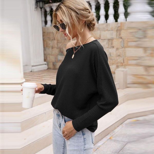 

women's t-shirt 2021 women casual shirt bat sleeve loose off shoulder solid blouse sweater fashion atmosphere round neck simple short, White