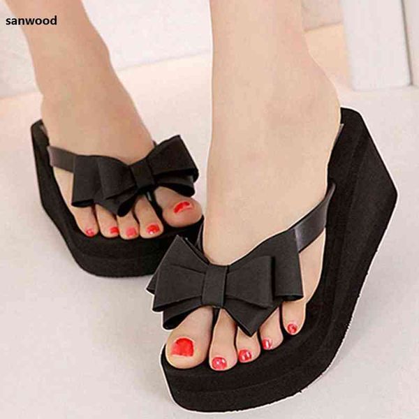 

new arrival women fashion platform mid heel flip flops beach sandals bowknot slippers shoes y220221, Black