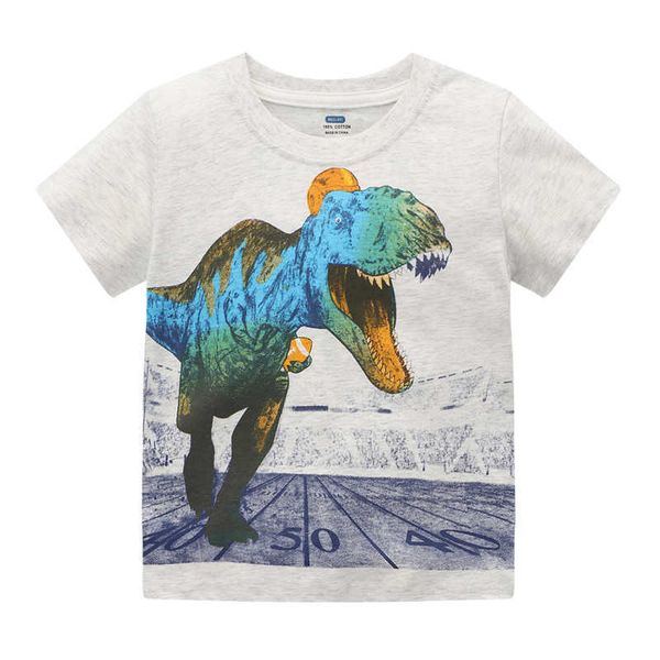 Saltando metros de dinossauros meninos camisas para o verão bebê roupas de algodão animais imprimir o-pescoço cute crianças tops 210529