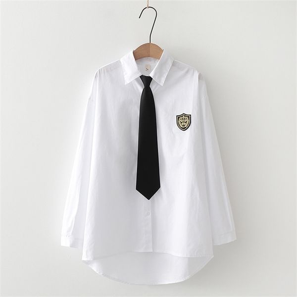 HSA Harajuku женщина-аппликации рубашка корейский поворотный воротник с длинным рукавом свободные галстуки кнопка женская блузка школа девушка бродяга 210417