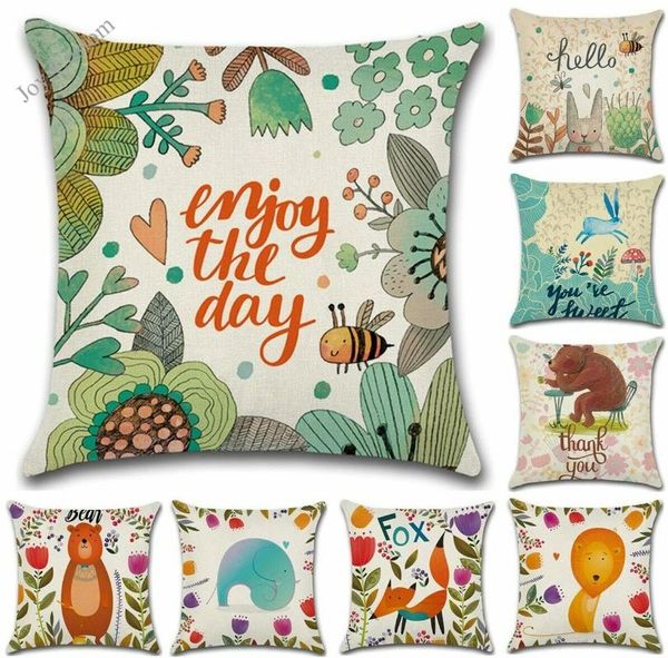Cuscino/cuscino decorativo dipinto a mano con stampe di animali della giungla dei cartoni animati, fodera per cuscino, custodia per auto in lino