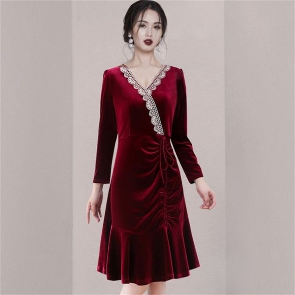 

spring autumn vintage drawstring lace patchwork velvet bodycon women elegant v-neck slim rufflesparty dresses female 210519, Black;gray