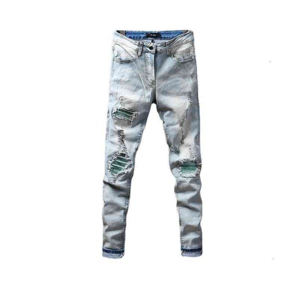 

light 645 am fashion brand color hole patch jeans for young men, Blue