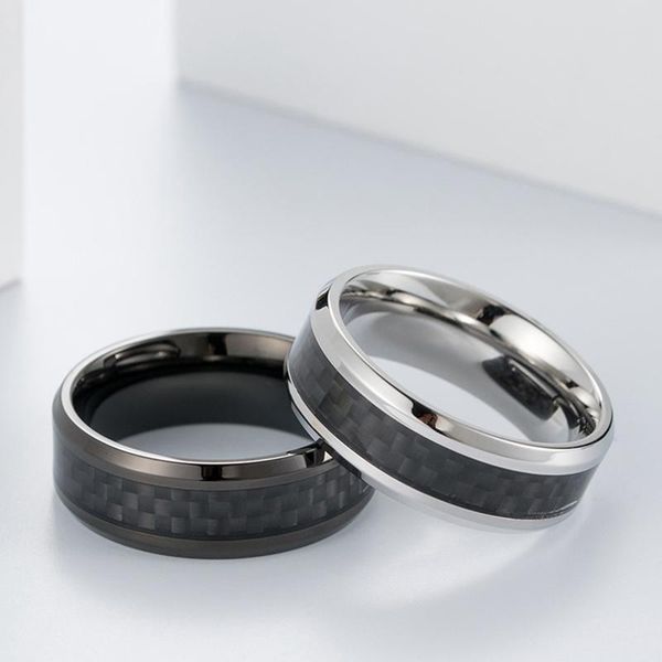 

wedding rings 8 mm fashion black carbon fiber punk ring voor mannen roestvrij stalen bruiloft heren sieraden, Slivery;golden