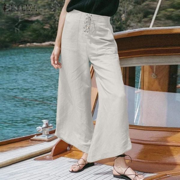 

women's pants & capris vintage elastic waist lace up women casual solid trouser autumn asymmetric pantalon palazzo holiday female cul, Black;white