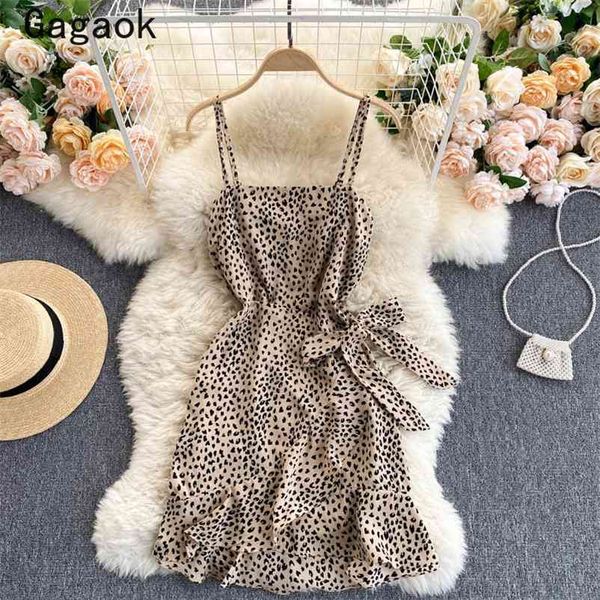 

woman dress summer square collar spaghetti strap leopard ruffles mini cami dresses slim fashion wild vestidos 210531, Black;gray