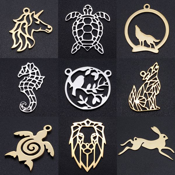 

5pcs/lot sea horse turtle diy charms wholesale 100% stainless steel rabbit connectors charm elephant wolf bird jewelry pendant, Bronze;silver