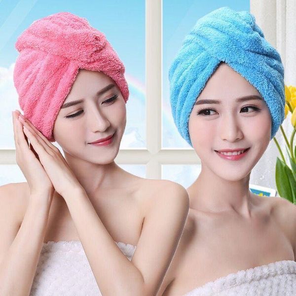 

towel coral velvet dry hair bath microfiber quick drying turban super absorbent women cap wrap with button thicken