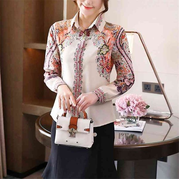 

fashion france style women's silk blouses floral shirts spring summer blouse long sleeve blusas mujer 210719, White