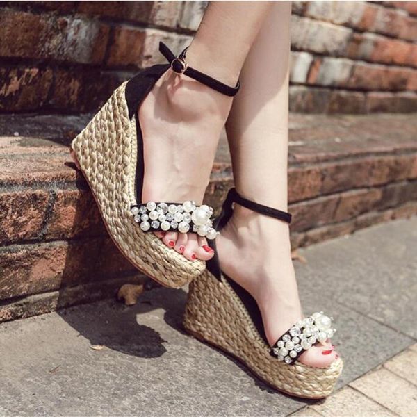 

big pearl knitting gladiator sandals women summer roman platform shoes modis girls beading suede ankle buckle wedges sandalias, Black