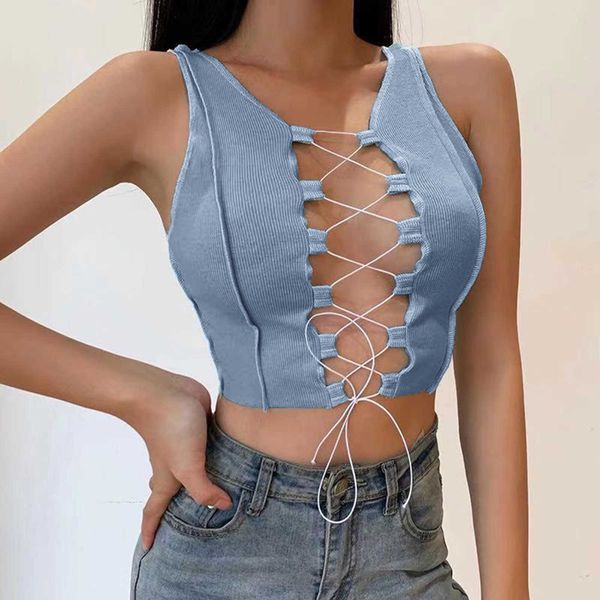 

2021 front bandage corset y2k tank deep v crop stitching strap slim fit t shirt hollow out sleeveless club vest y0622, White