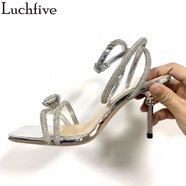 

dress shoes rhinestone open toe women sandals thin high heels woman crystal wrapped party silver feminina, Black