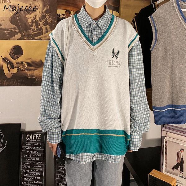 

men sweater vest patchwork sleeveless v-neck knitted korean style loose autumn underwear male vests all-match handsome leisure men's, Black;white