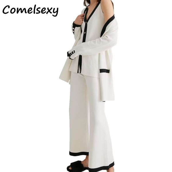 Pist Tasarımcısı Kadın Eşofman 3 ADET Set Bahar Beyaz Hit Renk Örme Hırka Ceket + V Boyun Yelek + Geniş Bacak Pantolon Pantolon Takım Elbise 210515